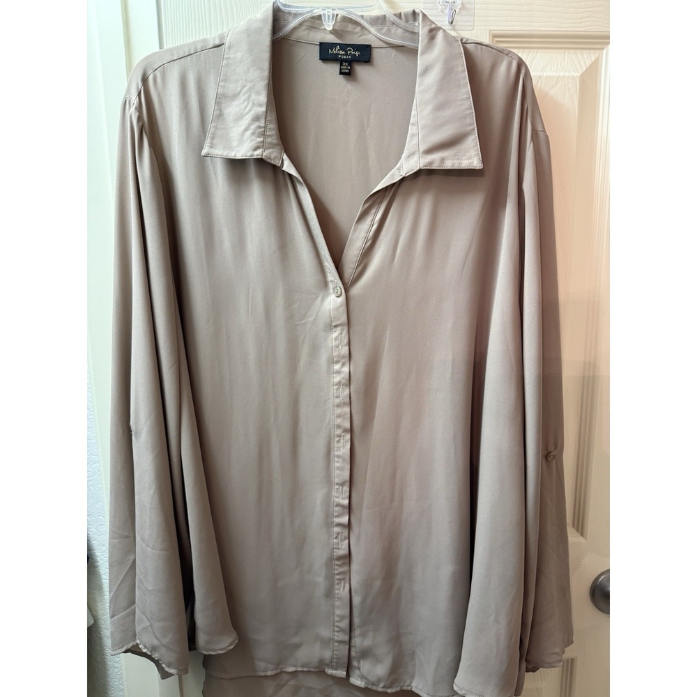 Melissa Paige Woman Cream Button Down Roll Tab Sleeve Blouse Plus Size 3X